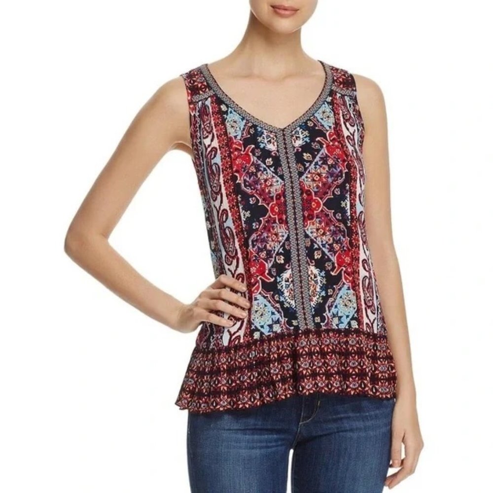 BILA | Boho Embroidered Floral Tunic Ruffle Sleeveless Blouse Tank Top | Size S - Picture 1 of 12